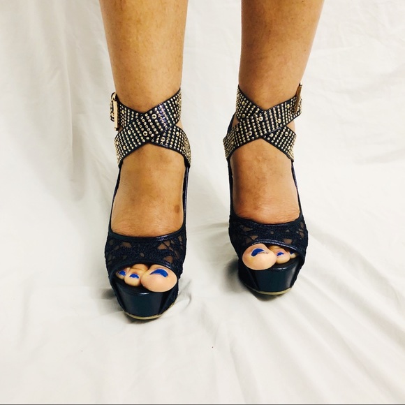 Krasceva Dark Blue Platform Studded Belted Heels - Picture 6 of 7